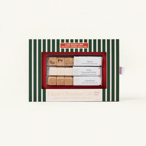Teaspressa luxe mixer sugar cubes in eggnog, white peppermint mocha, and gingerbread flavors for coffee and hot cocoa.
