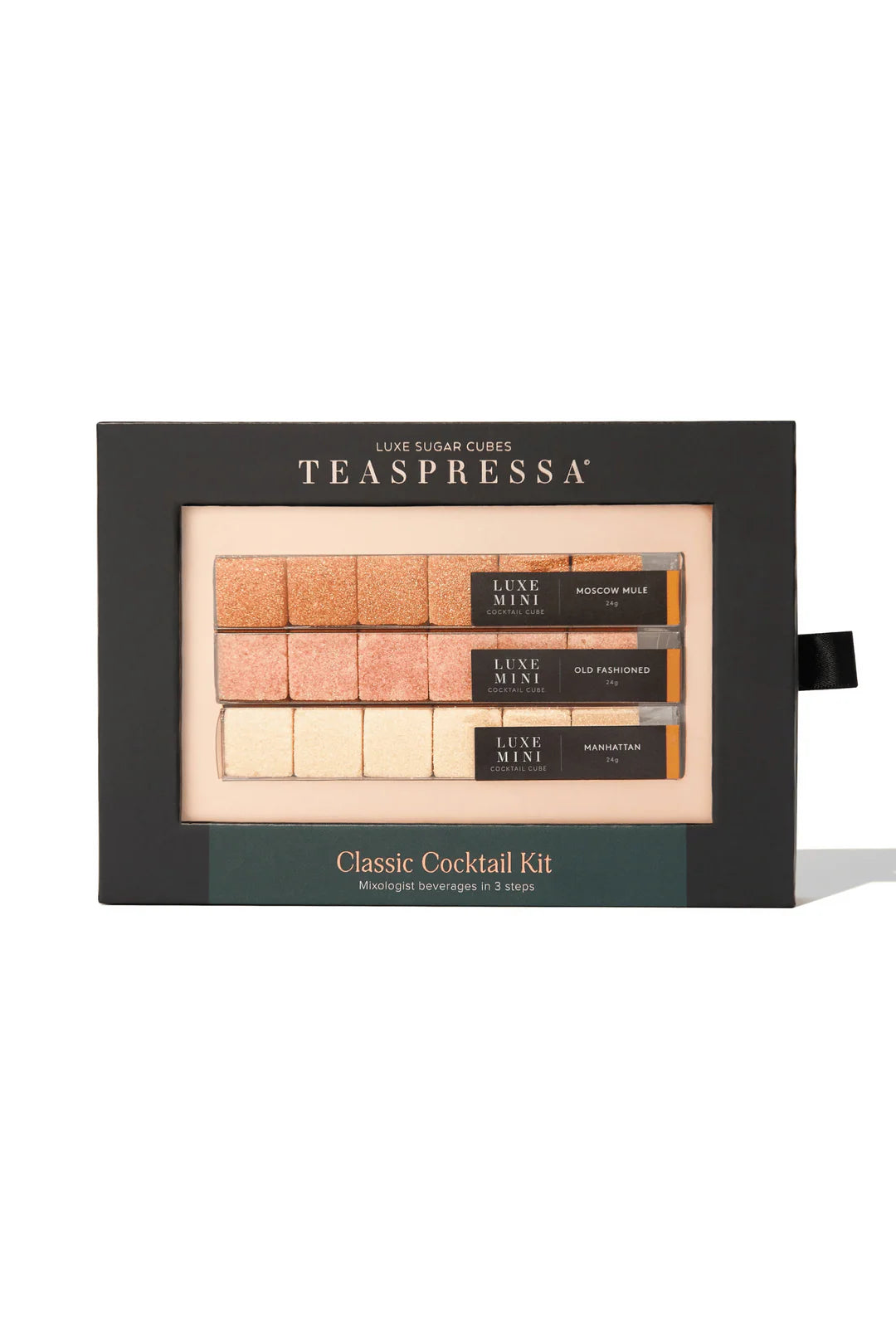Classic cocktail kit from Teaspressa of luxe sugar cubes in the flavors moscow mule, old fashioned, and manhattan.
