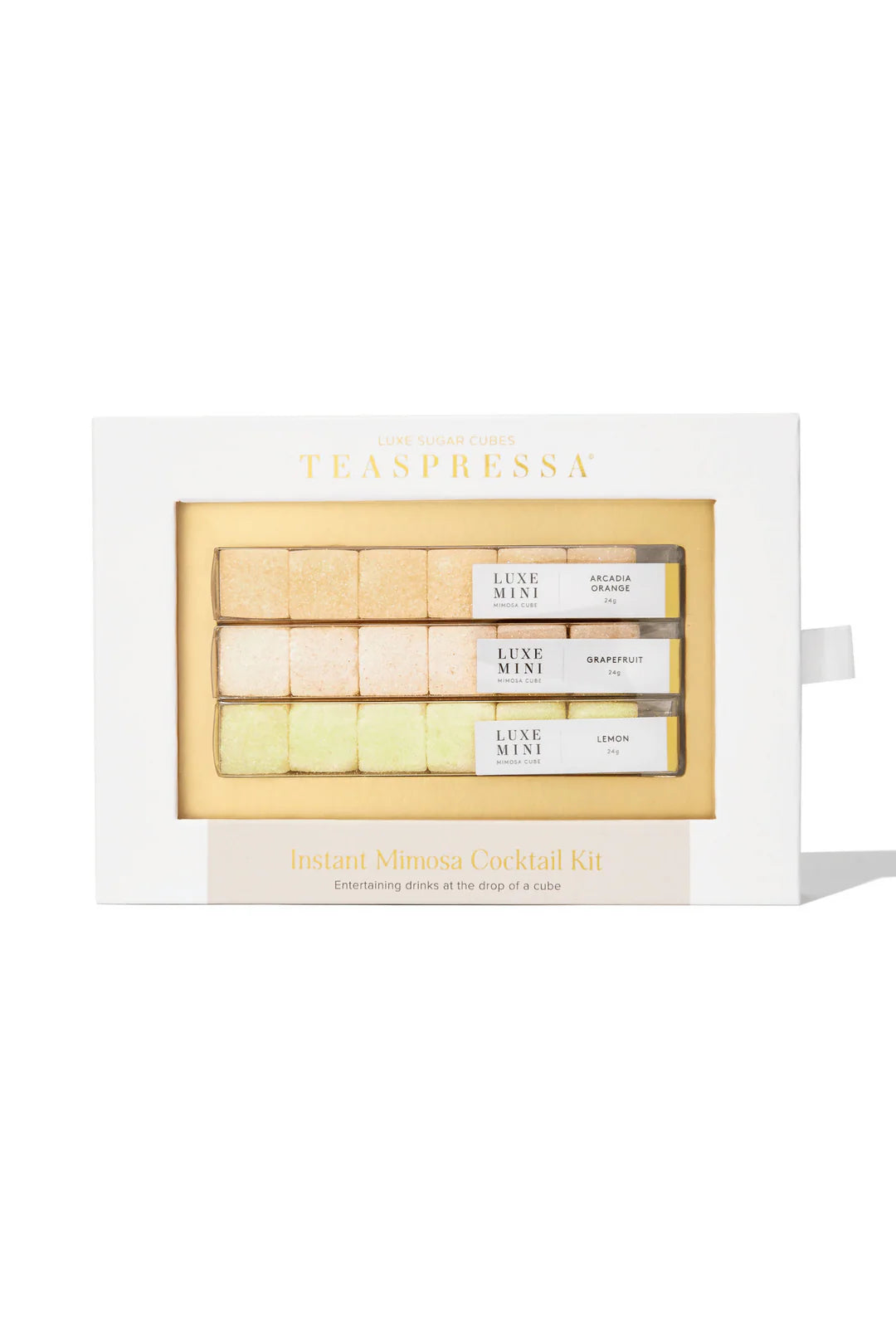 An assortment of flavored sugar cubes for making mimosa cocktails with flavors of Arcadia Orange, Grapefruit, and Lemon.