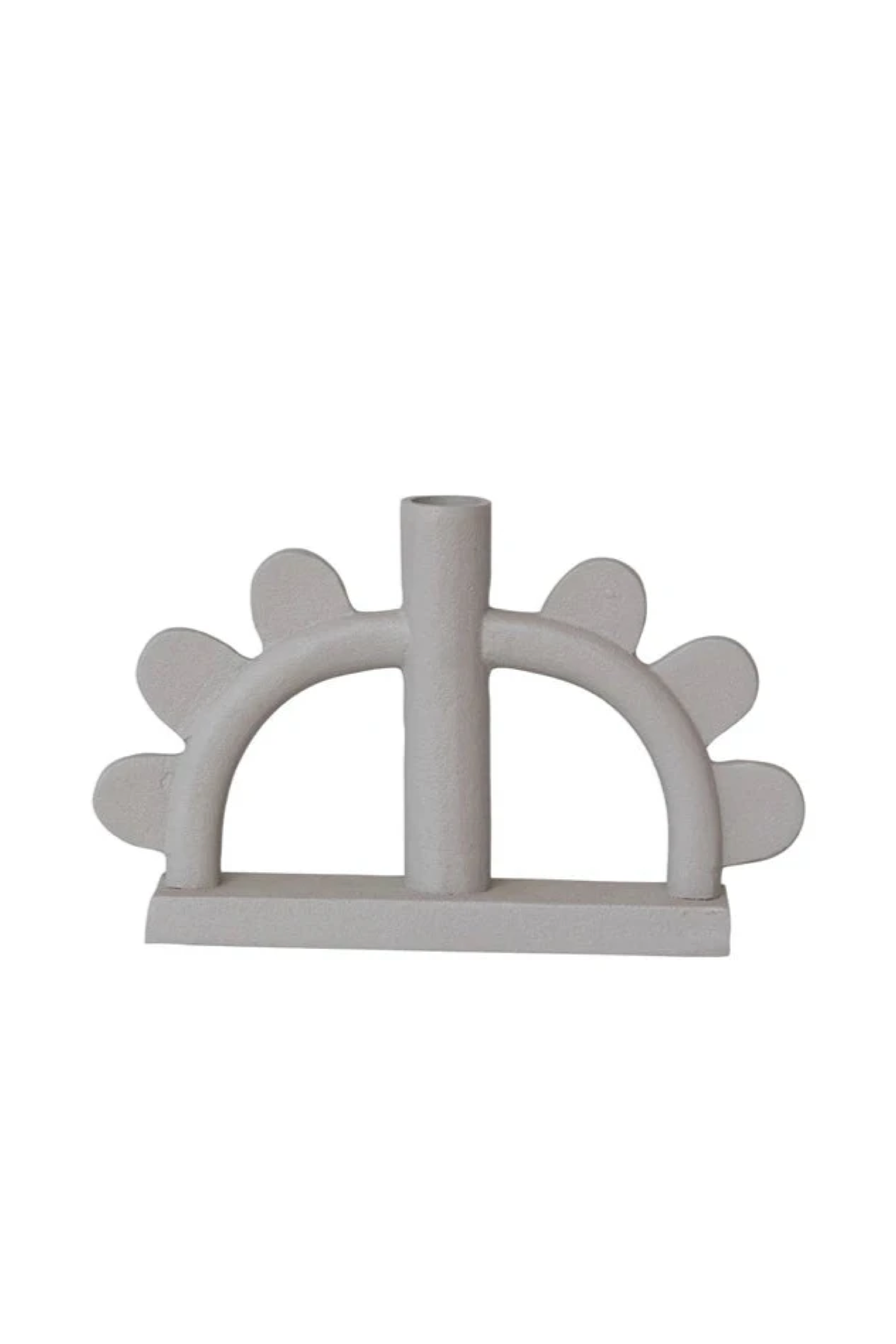 Textured aluminum taper holder with arch with scallop detail.