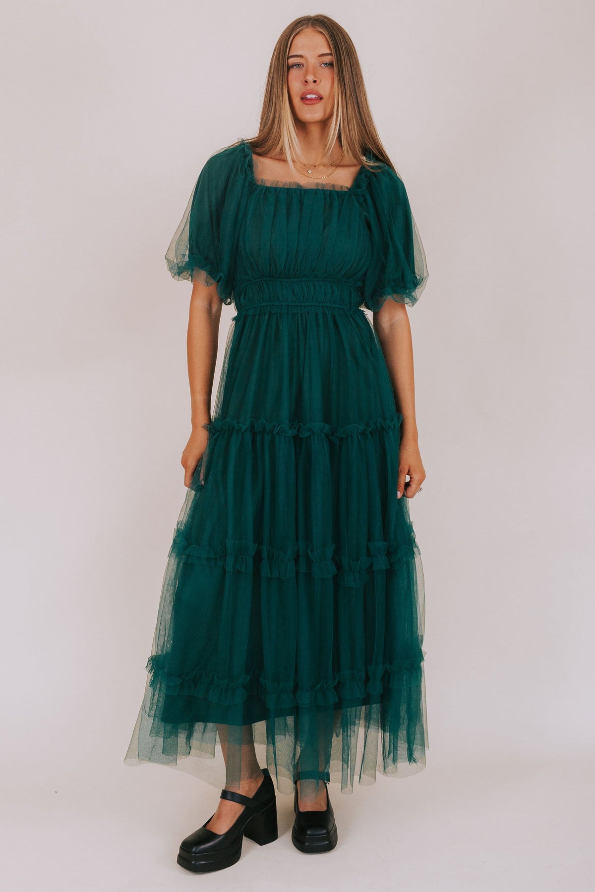 tiered tulle maxi dress with puff sleeves hunter green 