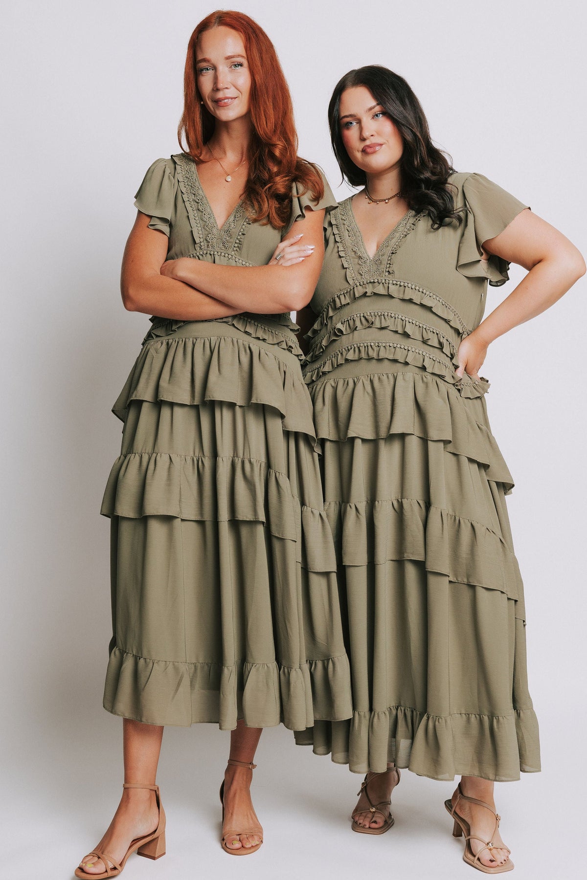 tiered v neck maxi dress with ruffle details and flutter sleeves green models