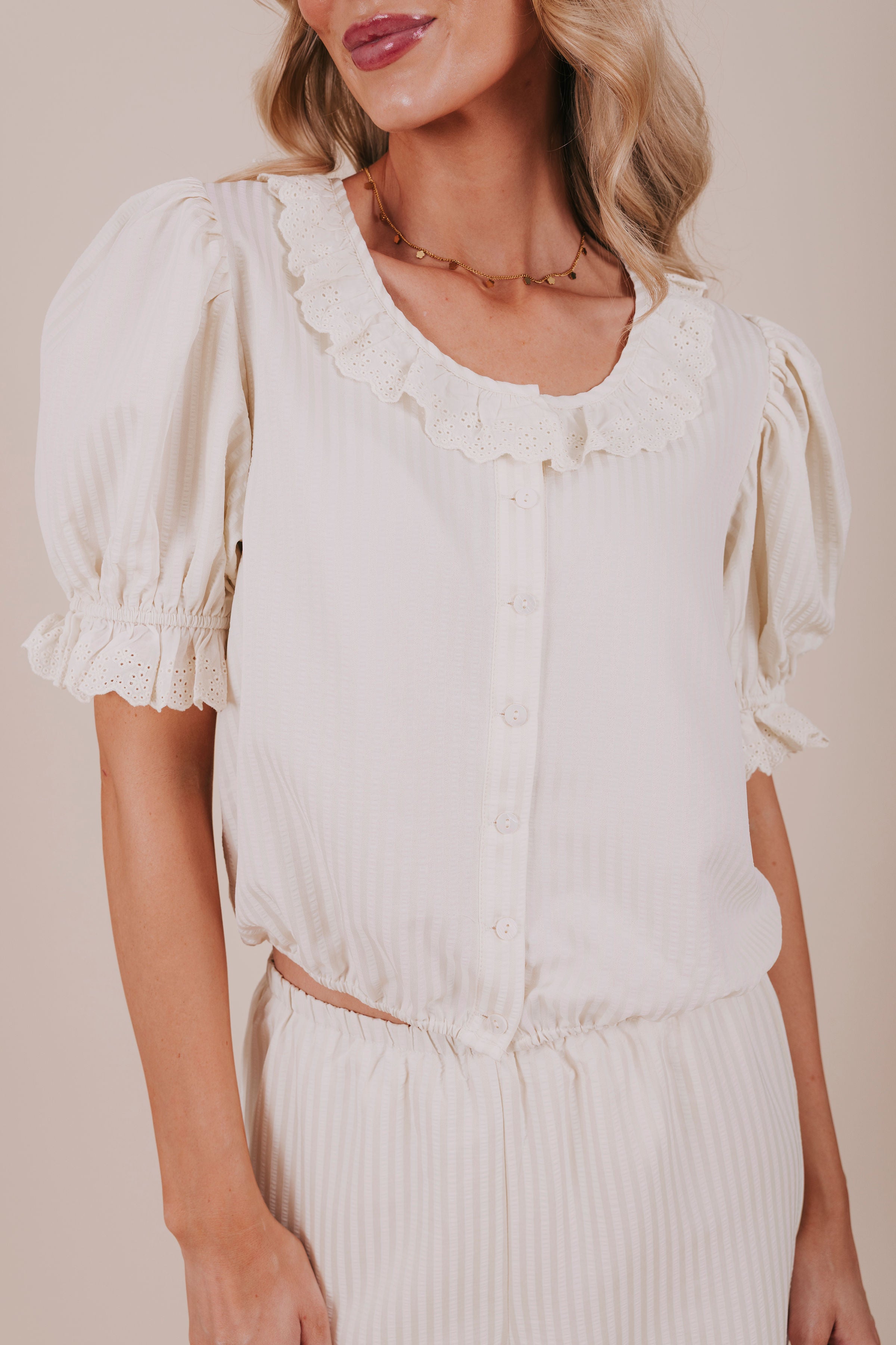 vertical stripe ivory eyelet blouse detail