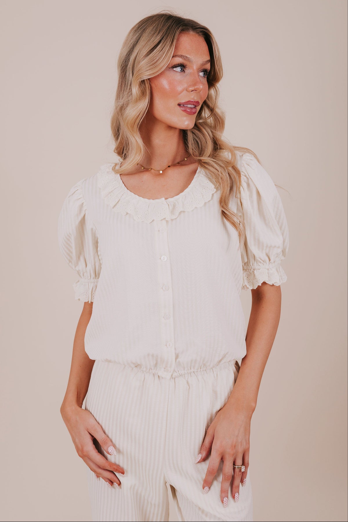 vertical stripe ivory eyelet blouse front