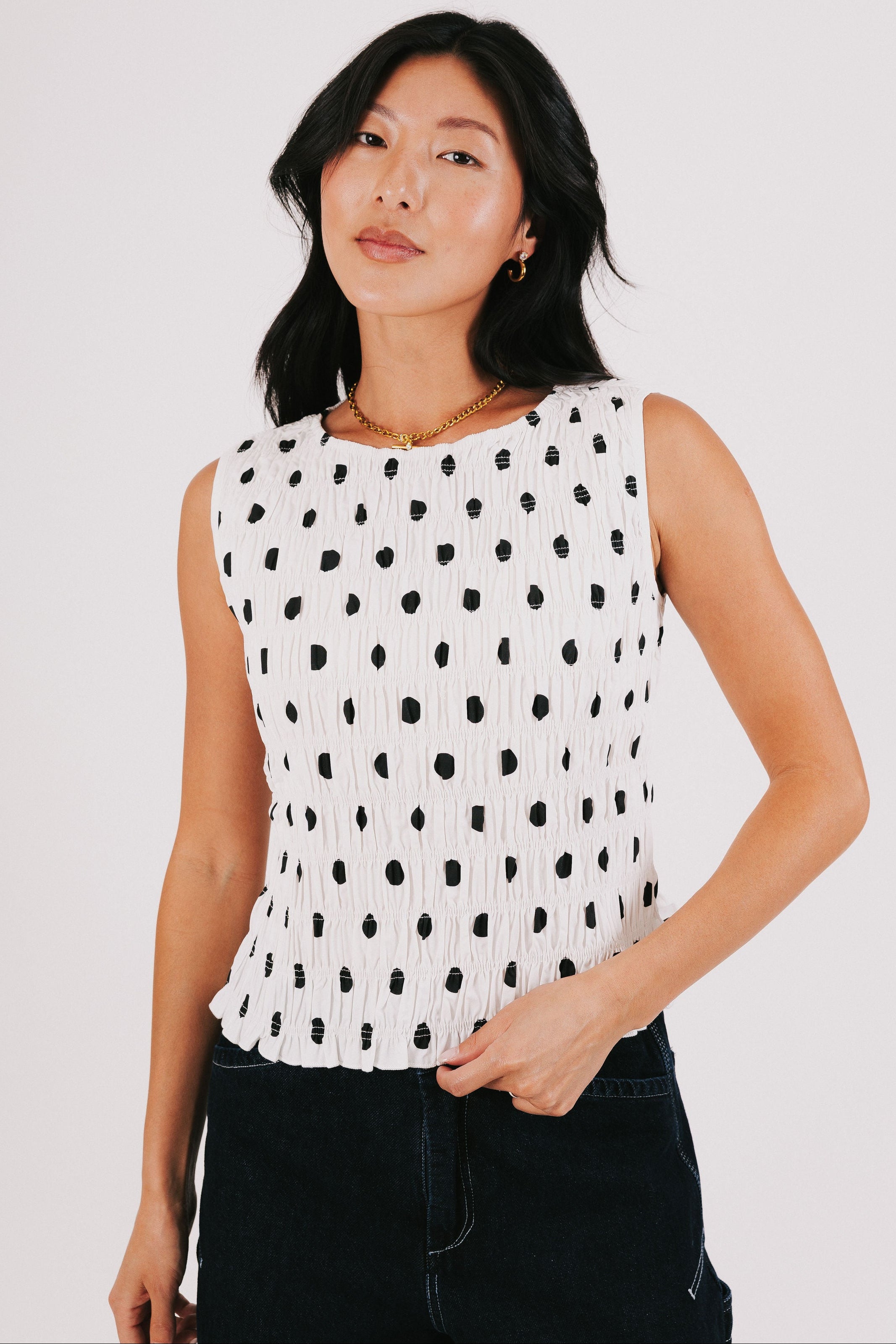 white and black smocked polka dot tank 