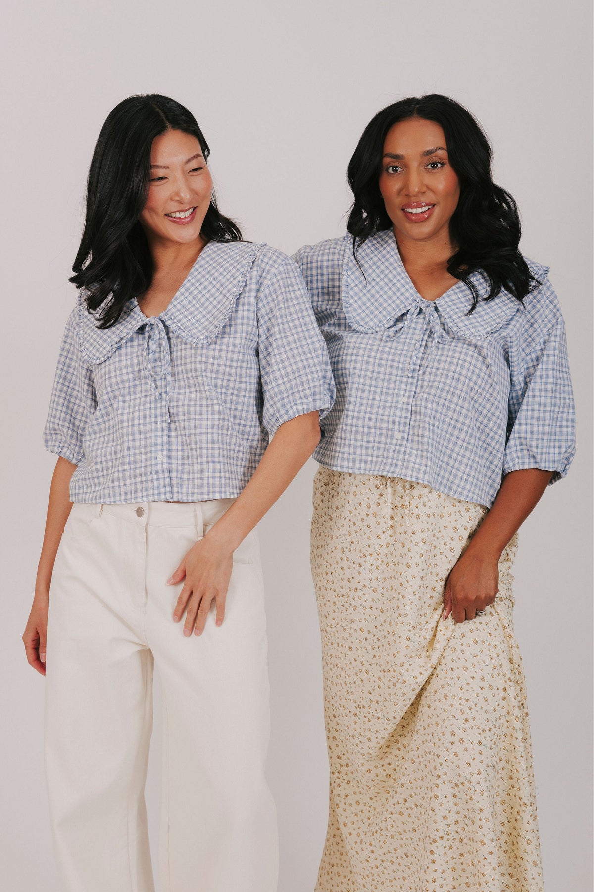 white blue plaid puff sleeve tie inclusive sizing models