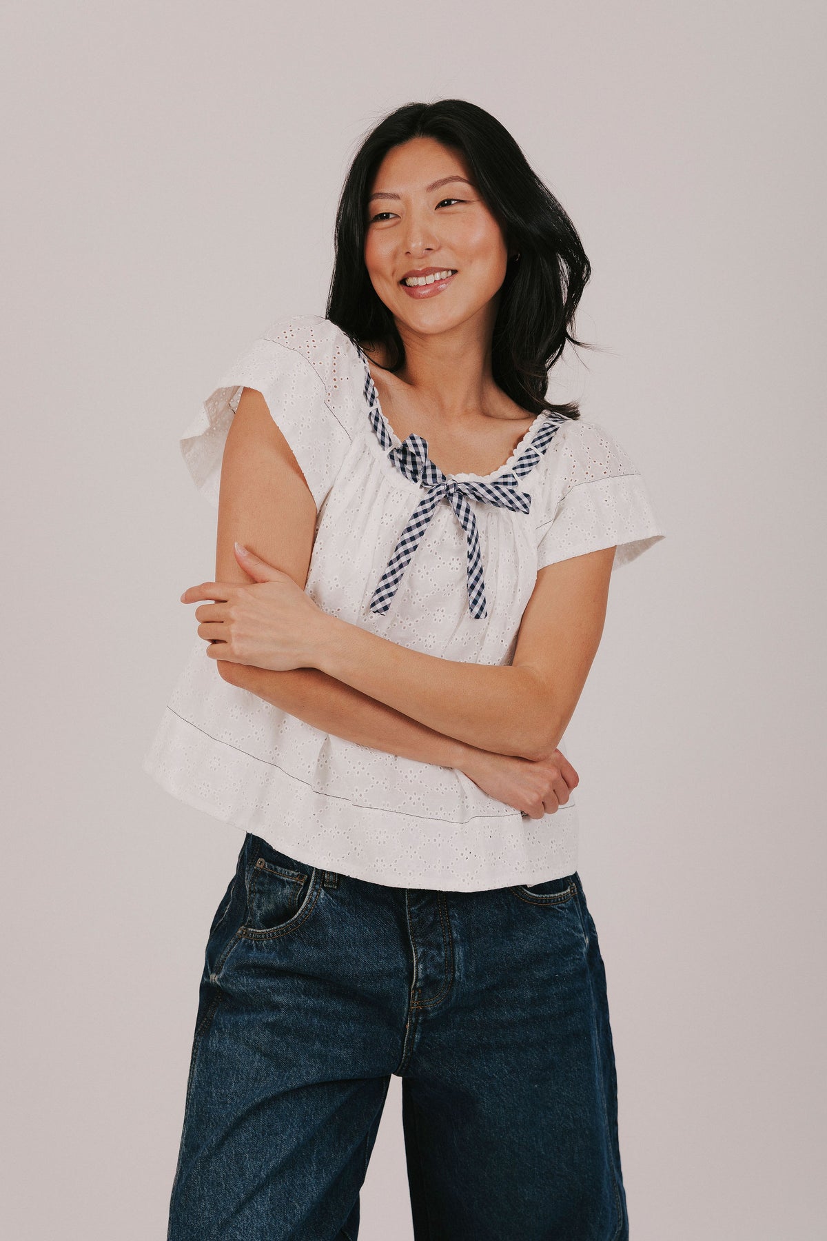 White eyelet blouse exclusive with gingham contrast 