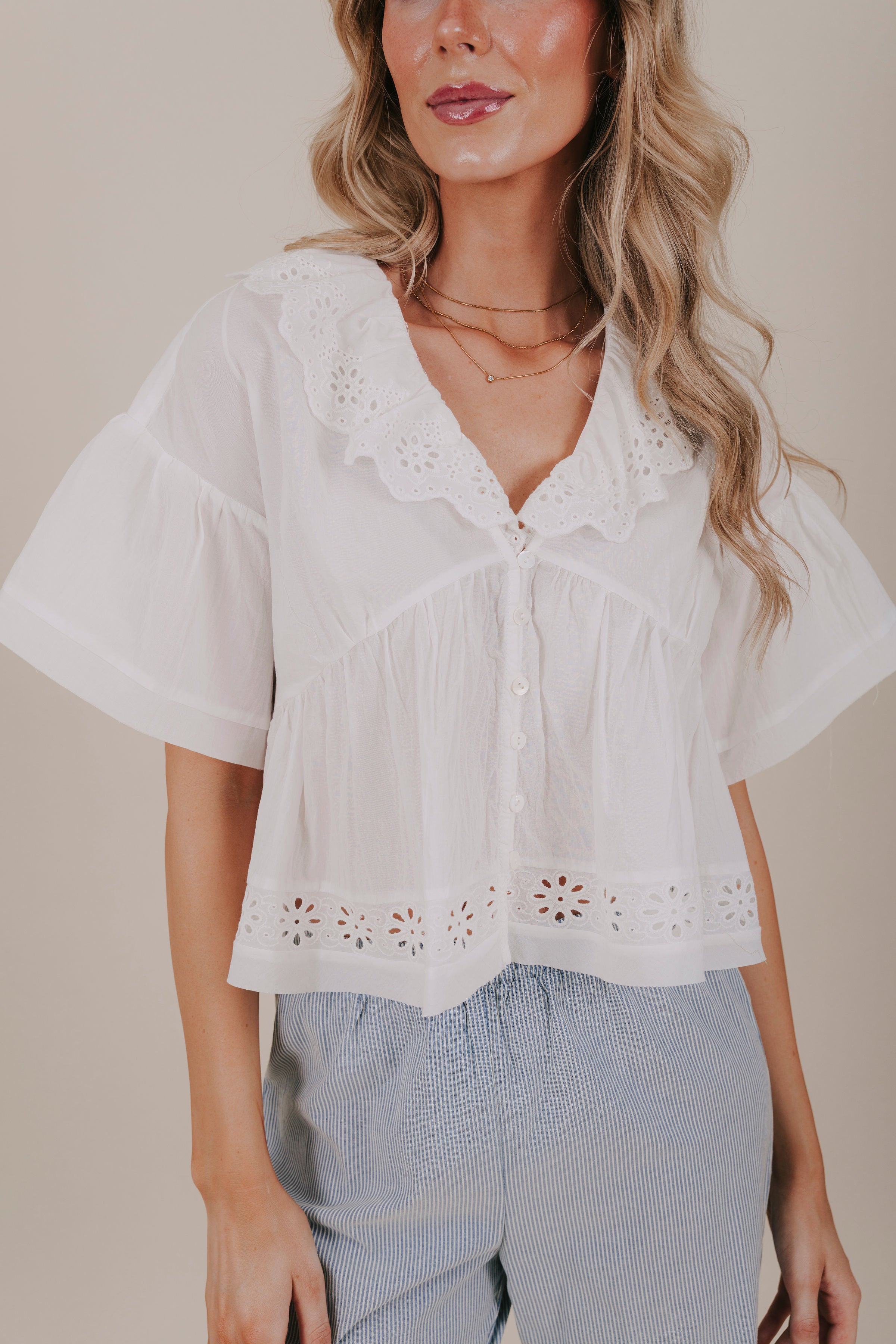 white eyelet collared top detail
