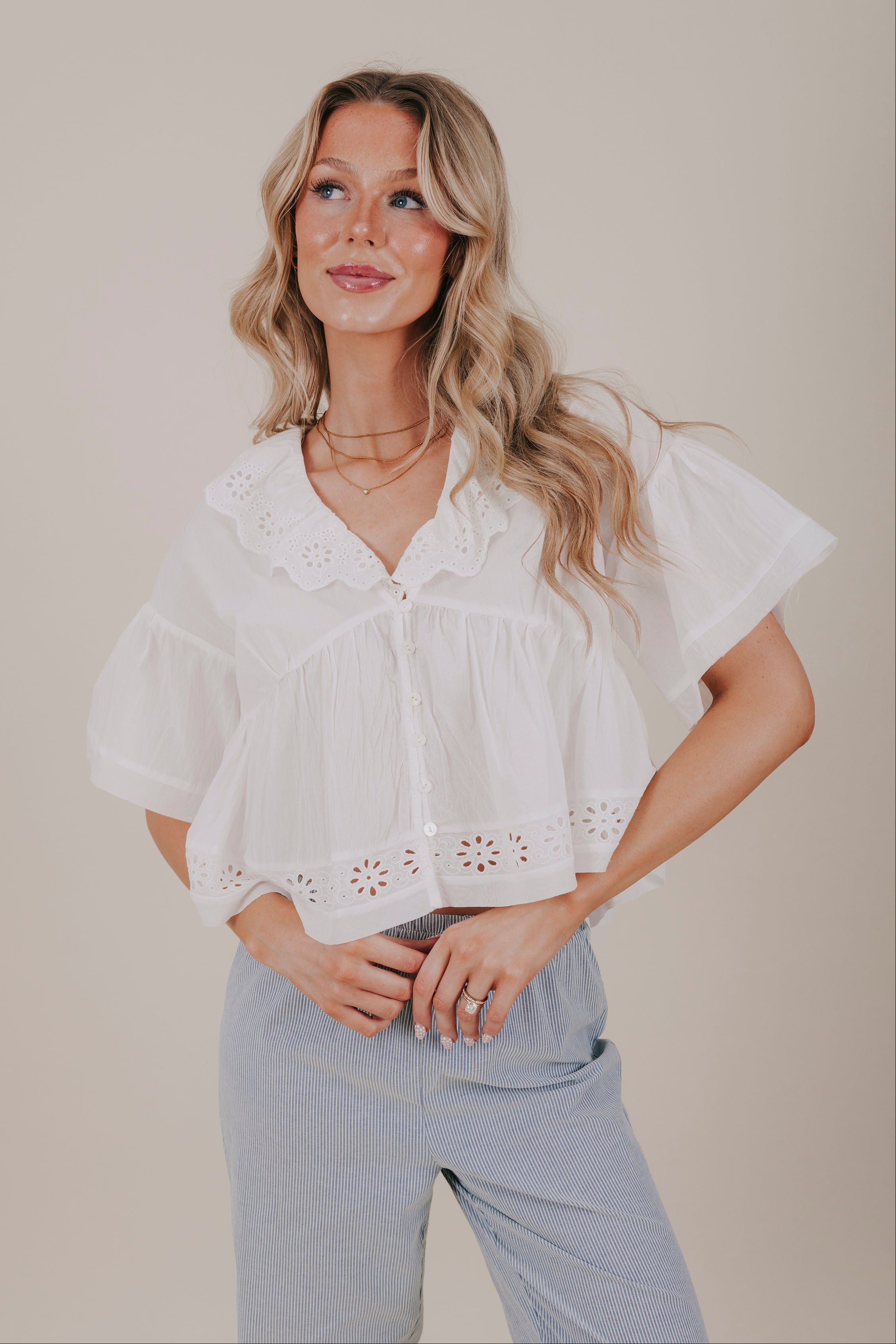 white eyelet collared top front