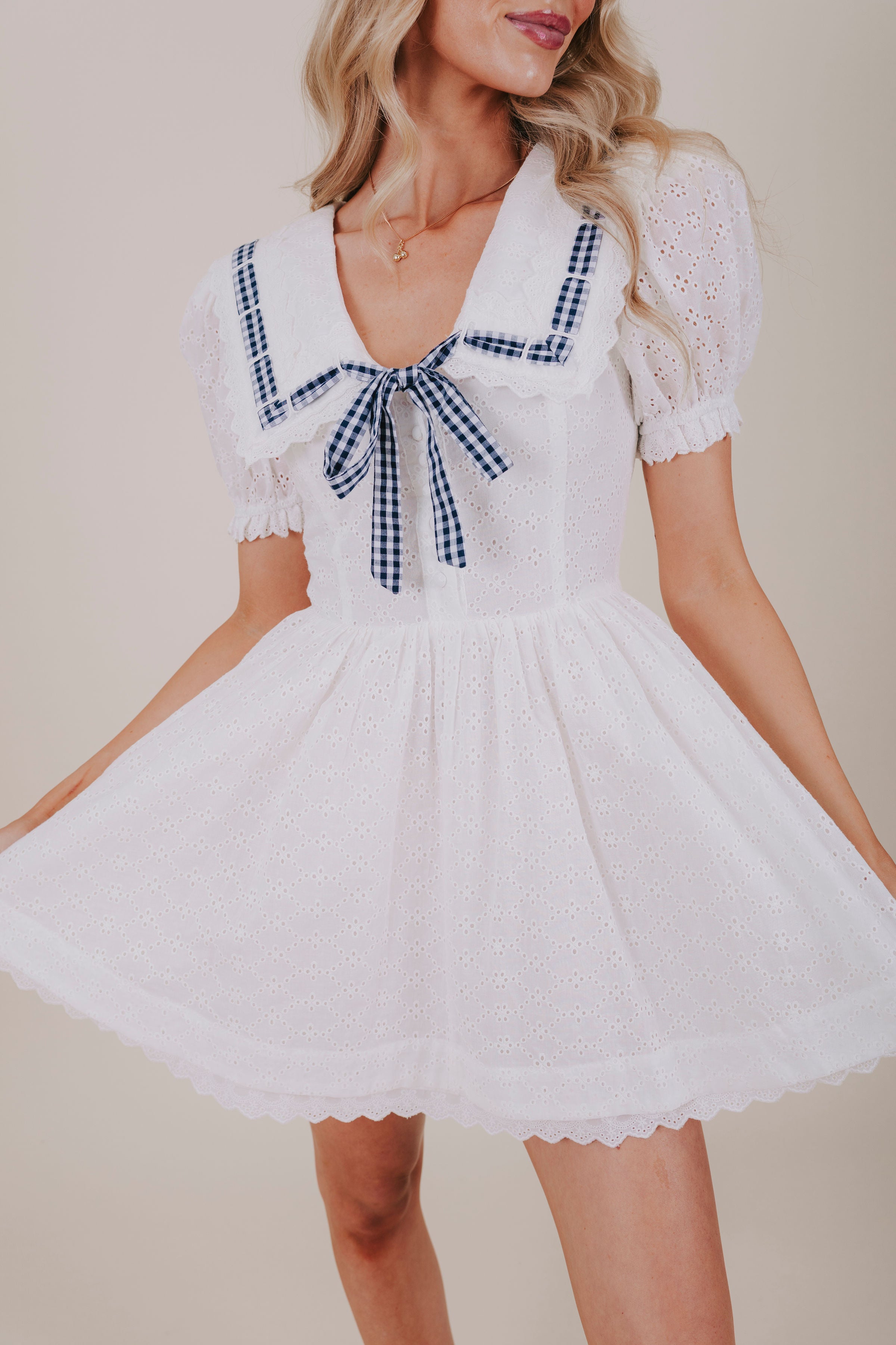 white eyelet scallop collar mini dress detail