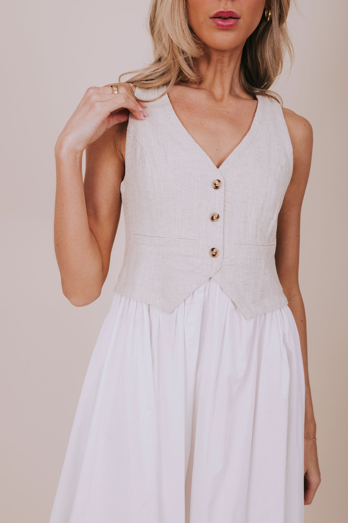 white faux taupe vest midi dress detail