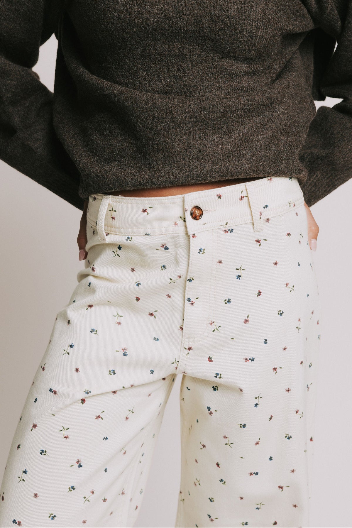 white floral print wide leg denim jeans
