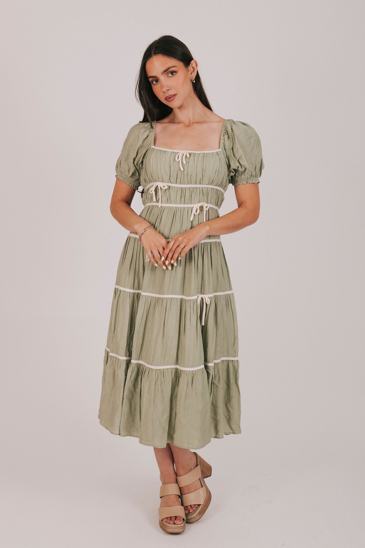 white olive tiered piping maxi dress front
