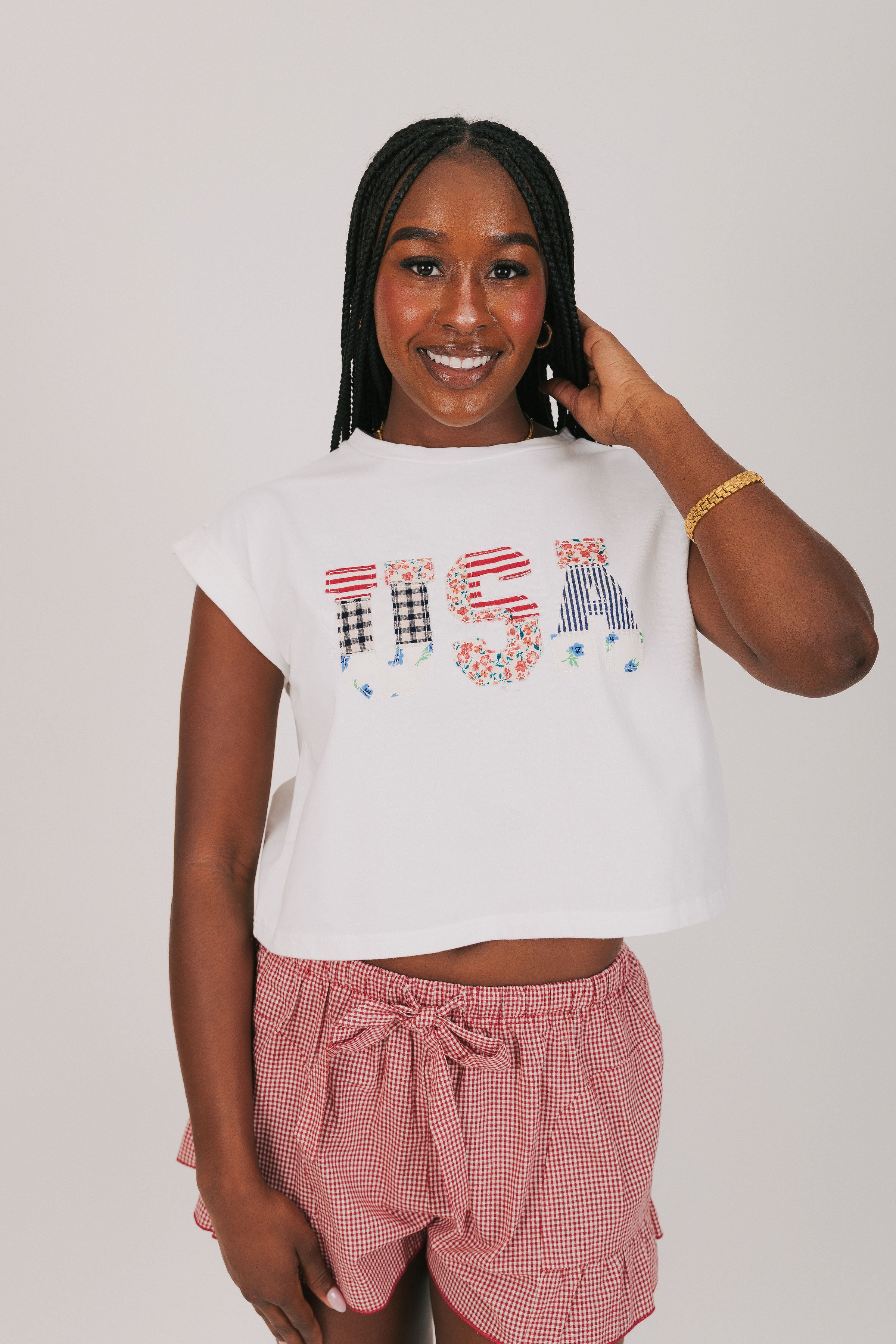 White t-shirt patchwork USA rolled cuff cap sleeves 4th of July/memorial day