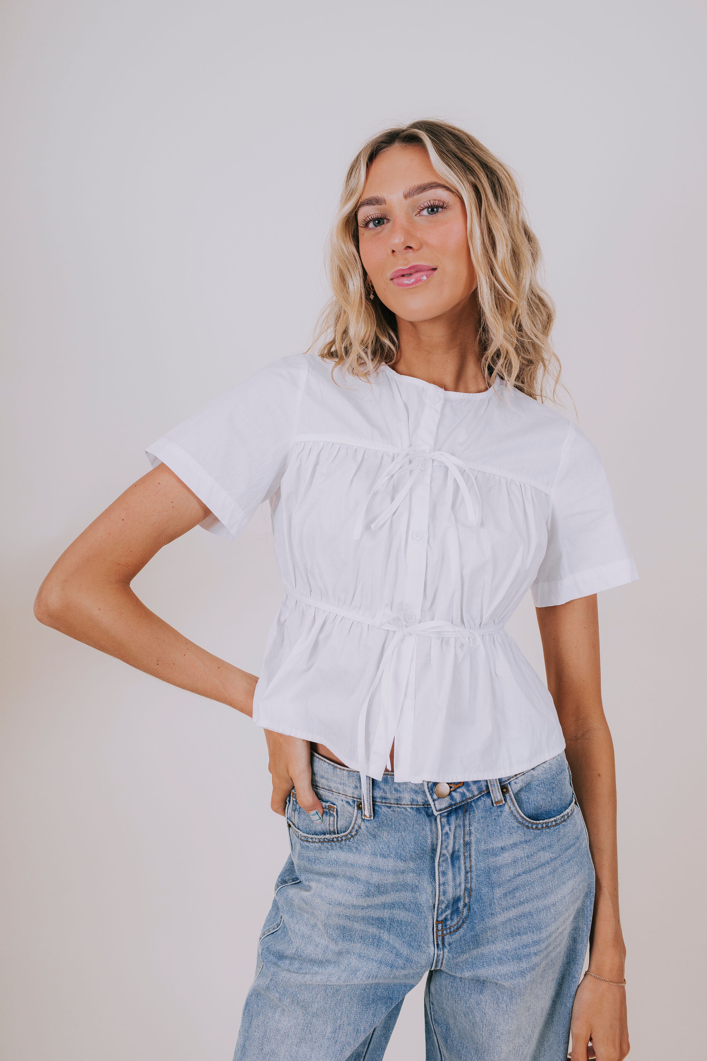 white ruched tied top front