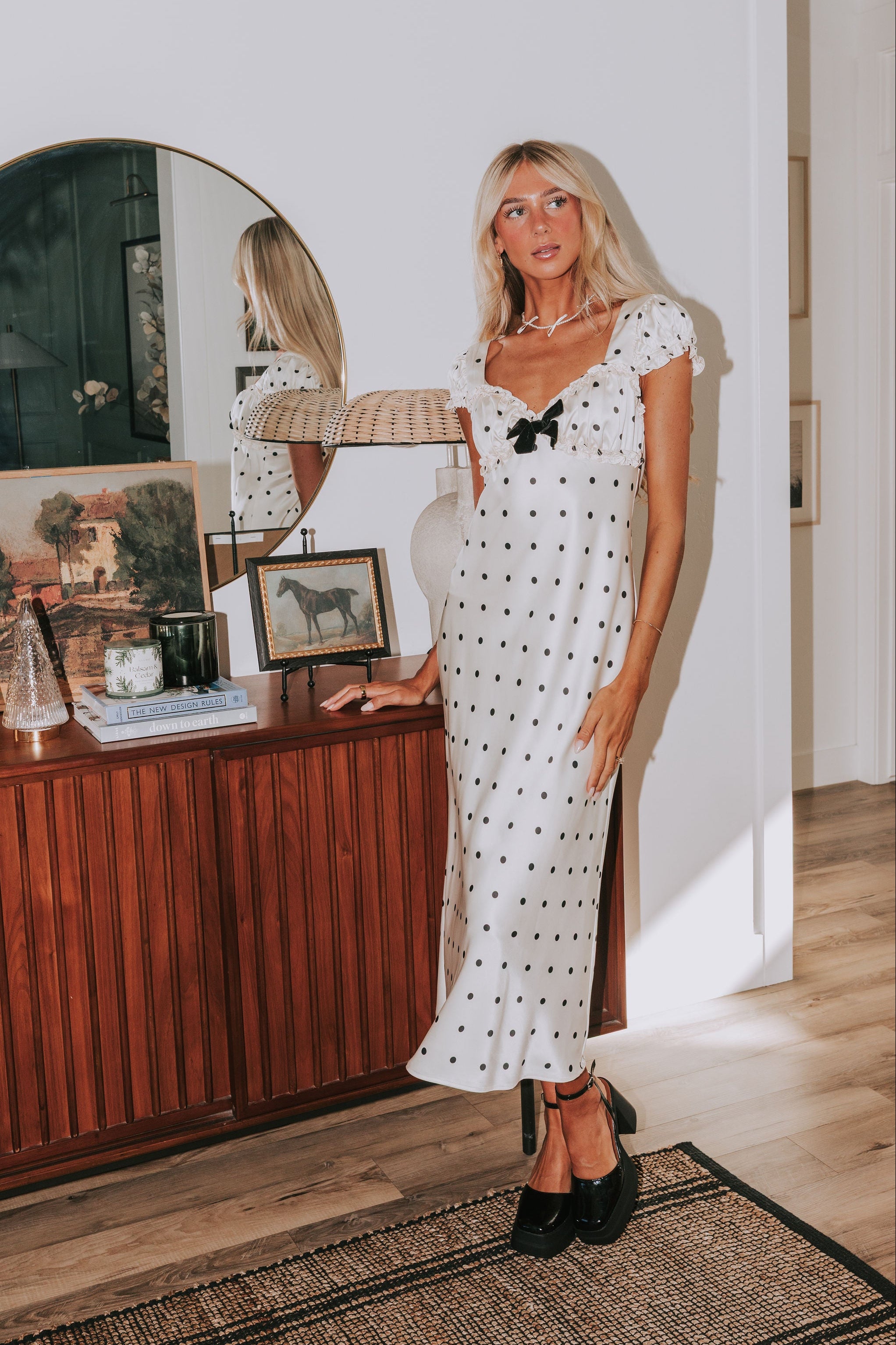 white polka dot satin dress HELLO MOLLY Dotted Moment Satin Polka Dot Midi Dress Cream Size XS