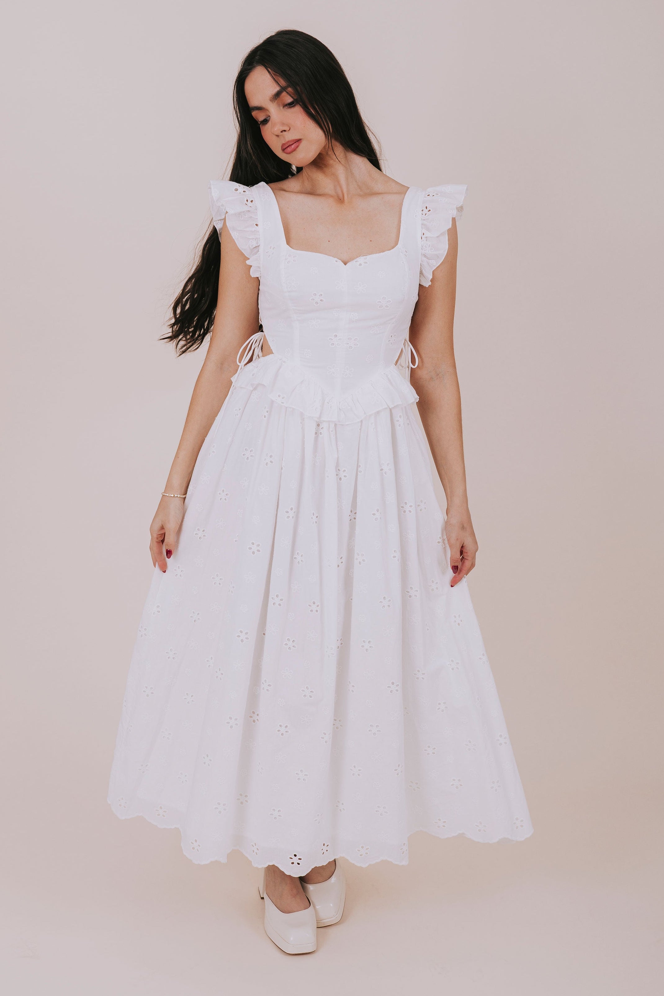 white sweetheart eyelet midi dress front