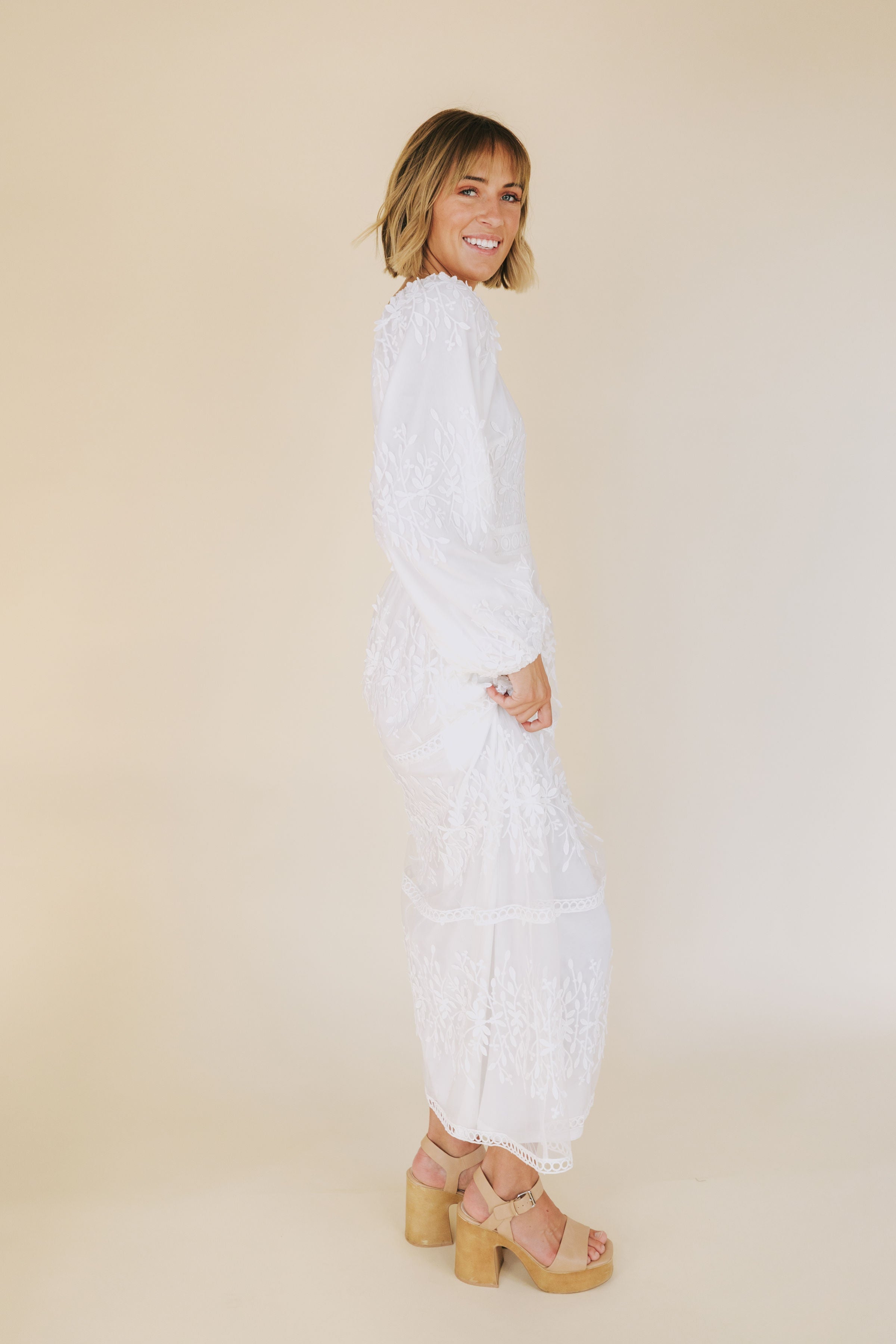 evelyn front twist chiffon dress in white Bridal Gown | Modest Collection