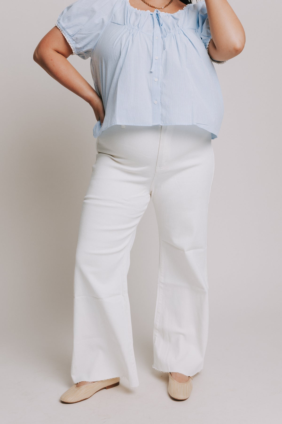 white wide leg jeans plus front
