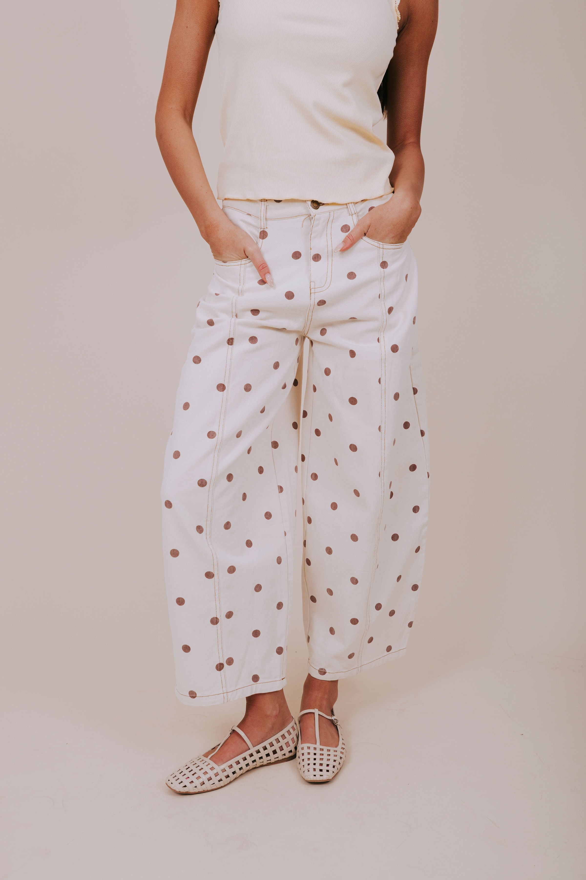 wide leg brown polka dot pants