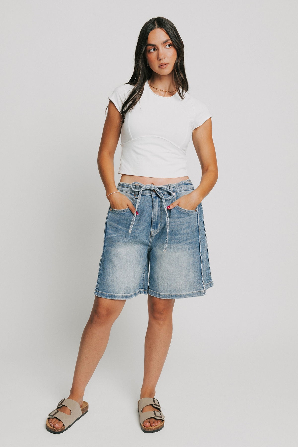 wide leg denim shorts with side pleats and waist tie full