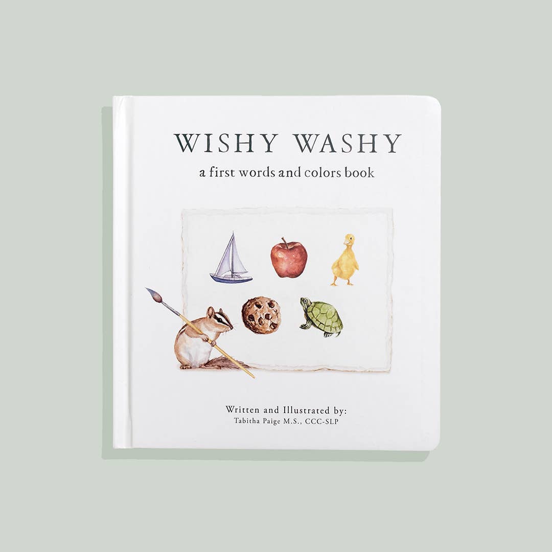 Children's book titled 'Wishy Washy' a first words and colors book with water color illustrations