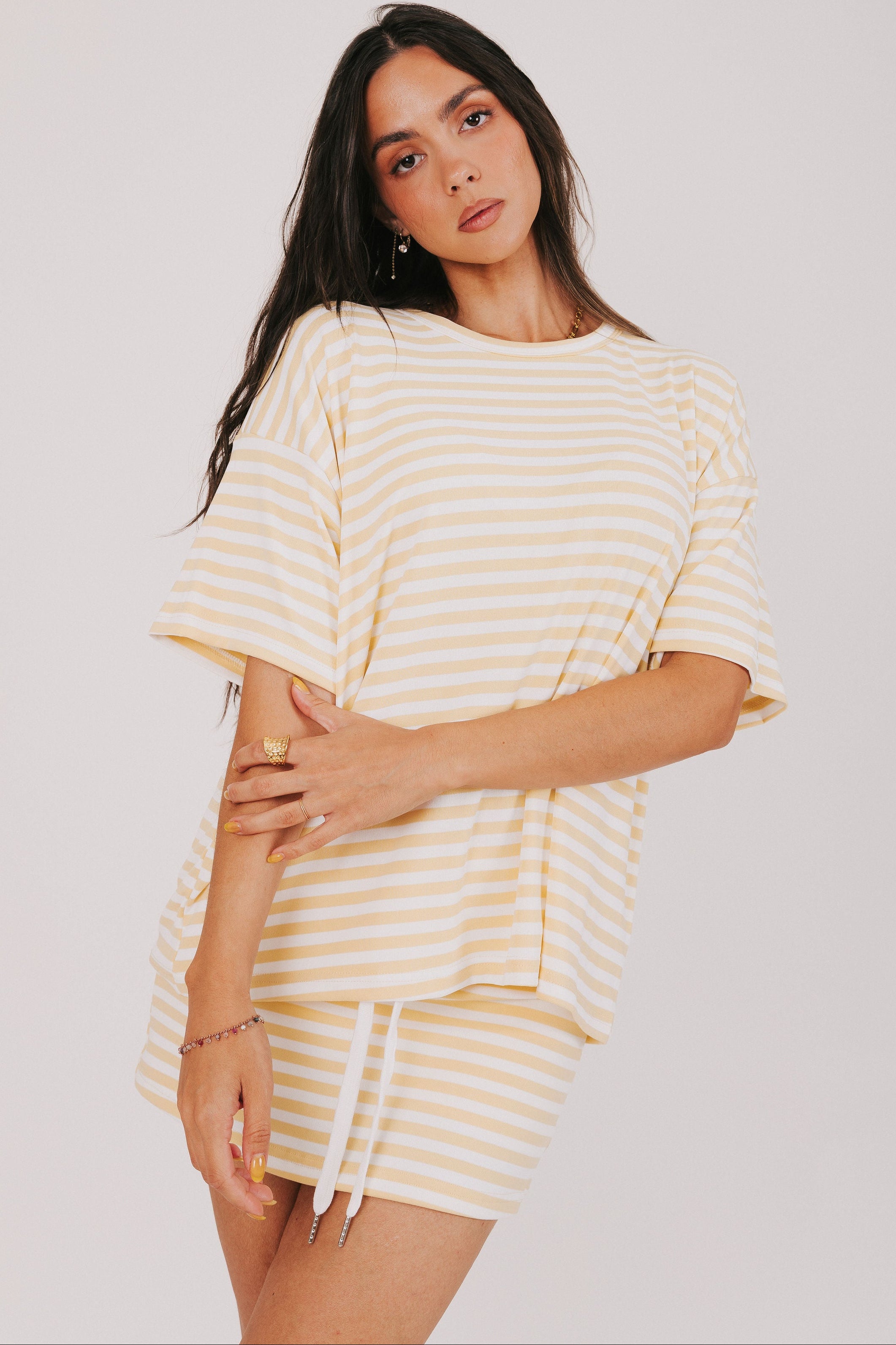 yellow and white striped oversized top