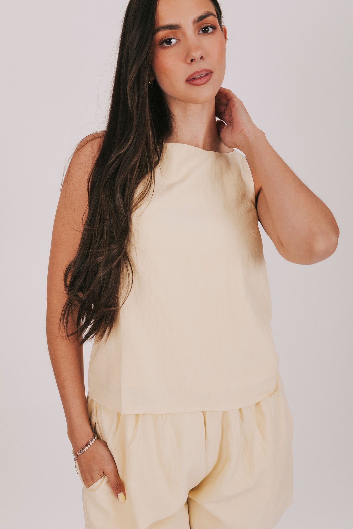 light yellow boatneck top