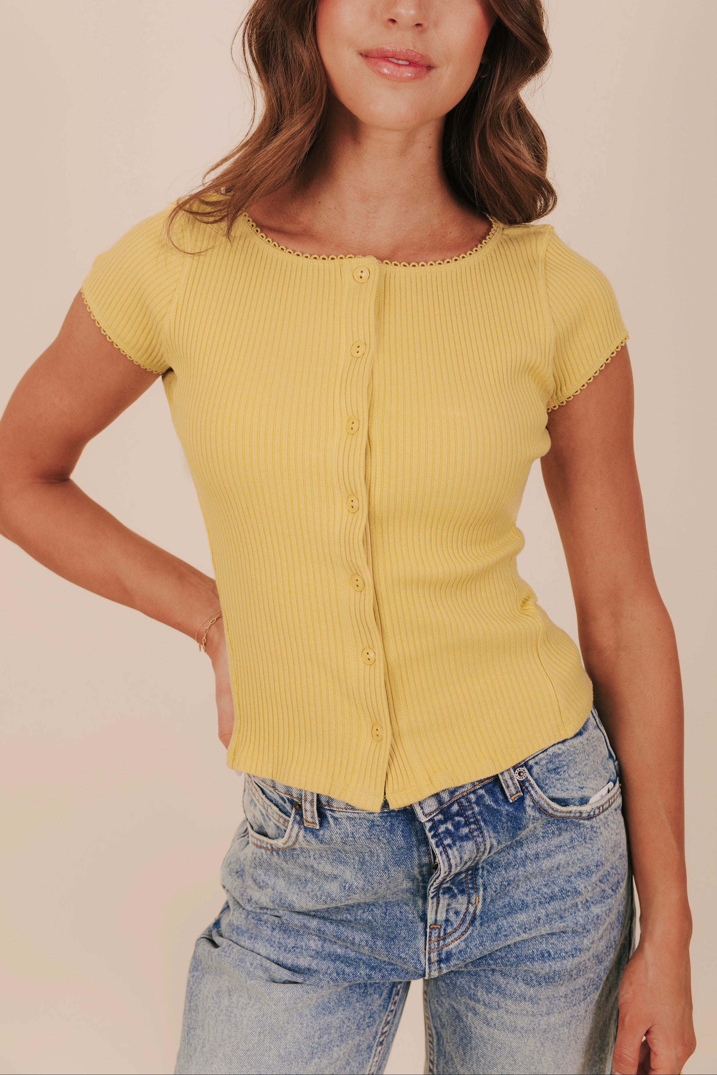 yellow button front ribbed top Free People front