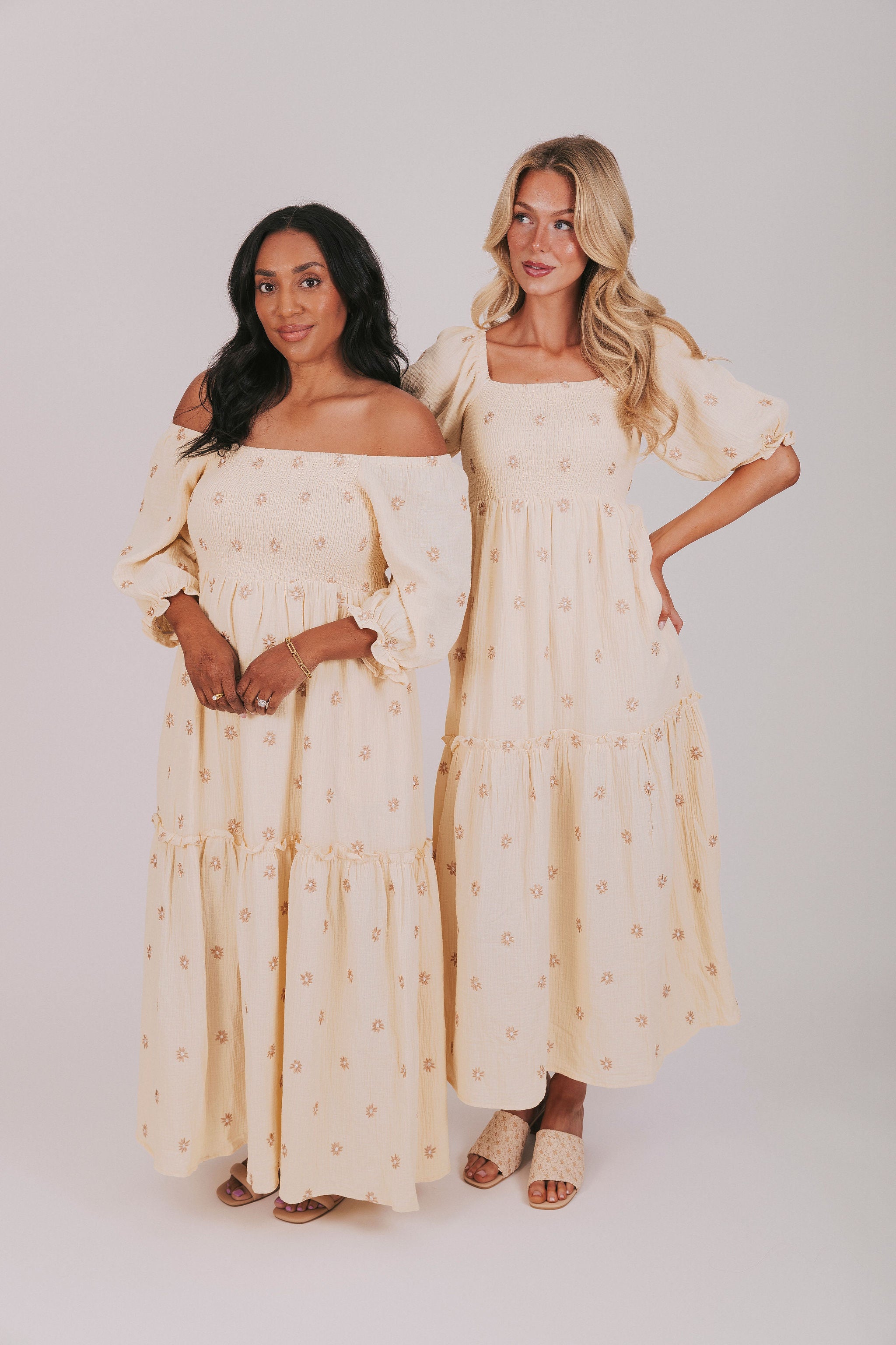 yellow maxi dress with embroiders flowers puff sleeves shirred bodice 