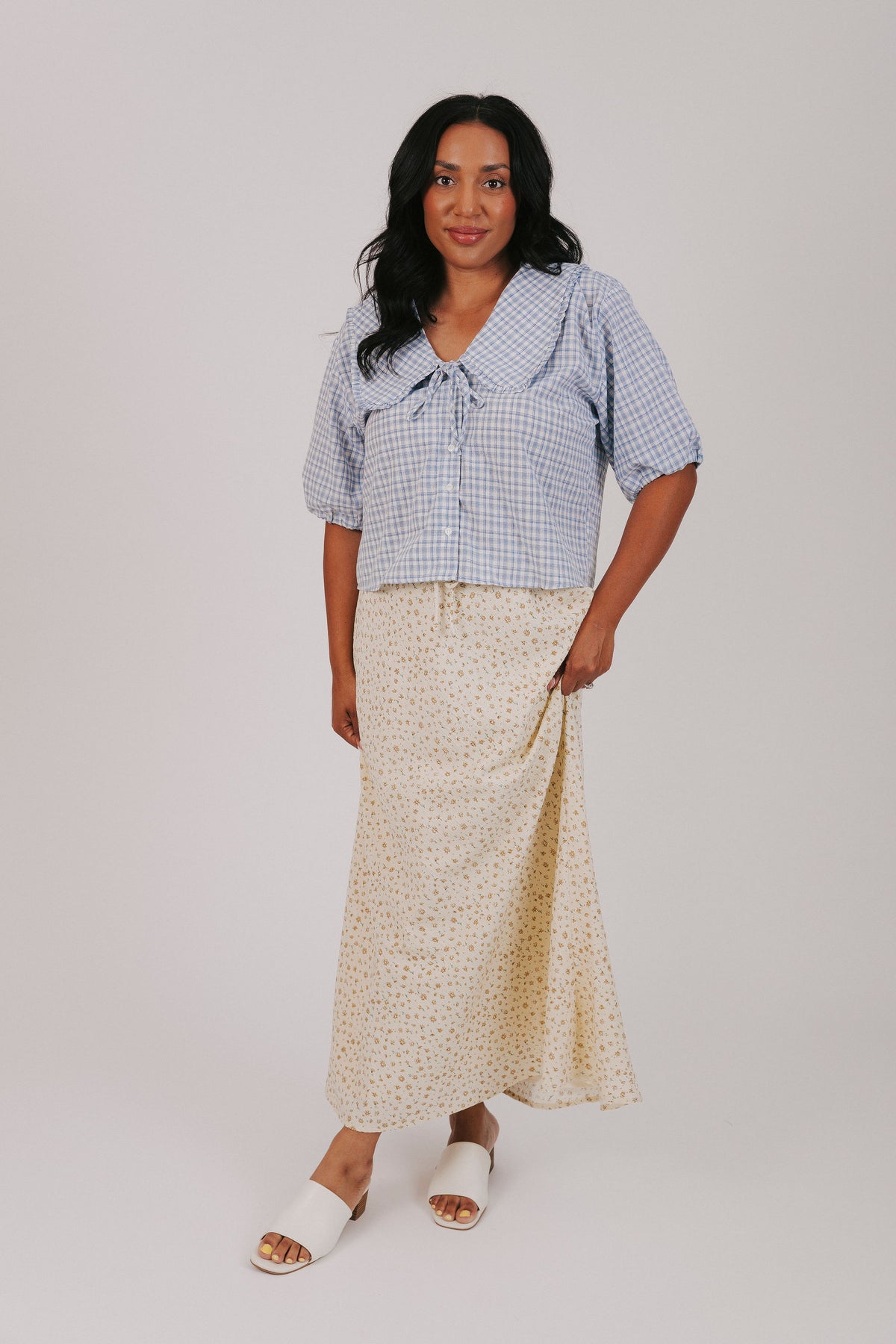 yellow gathered maxi skirt floral print 