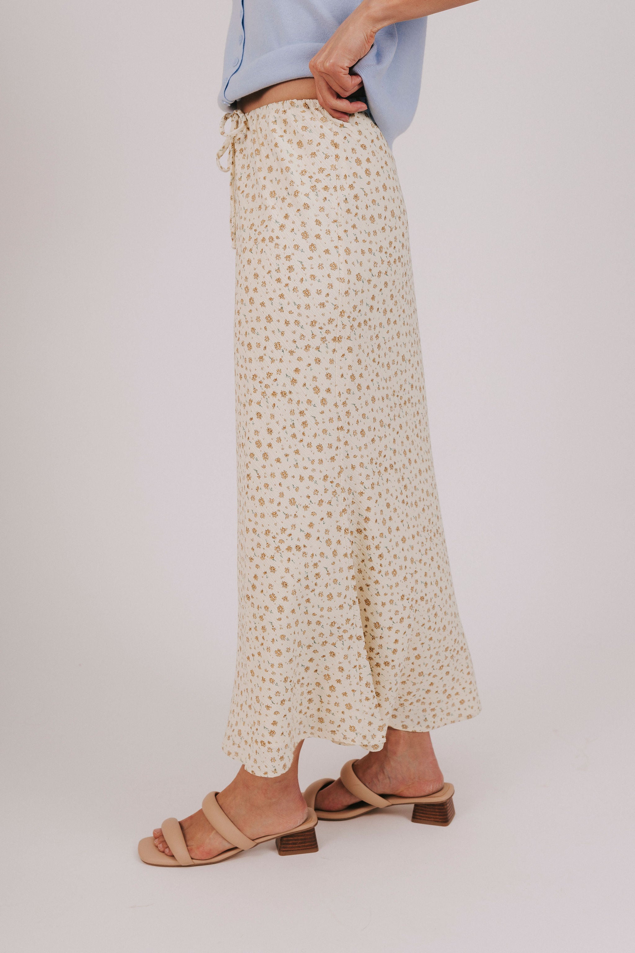 yellow gathered maxi skirt floral print 