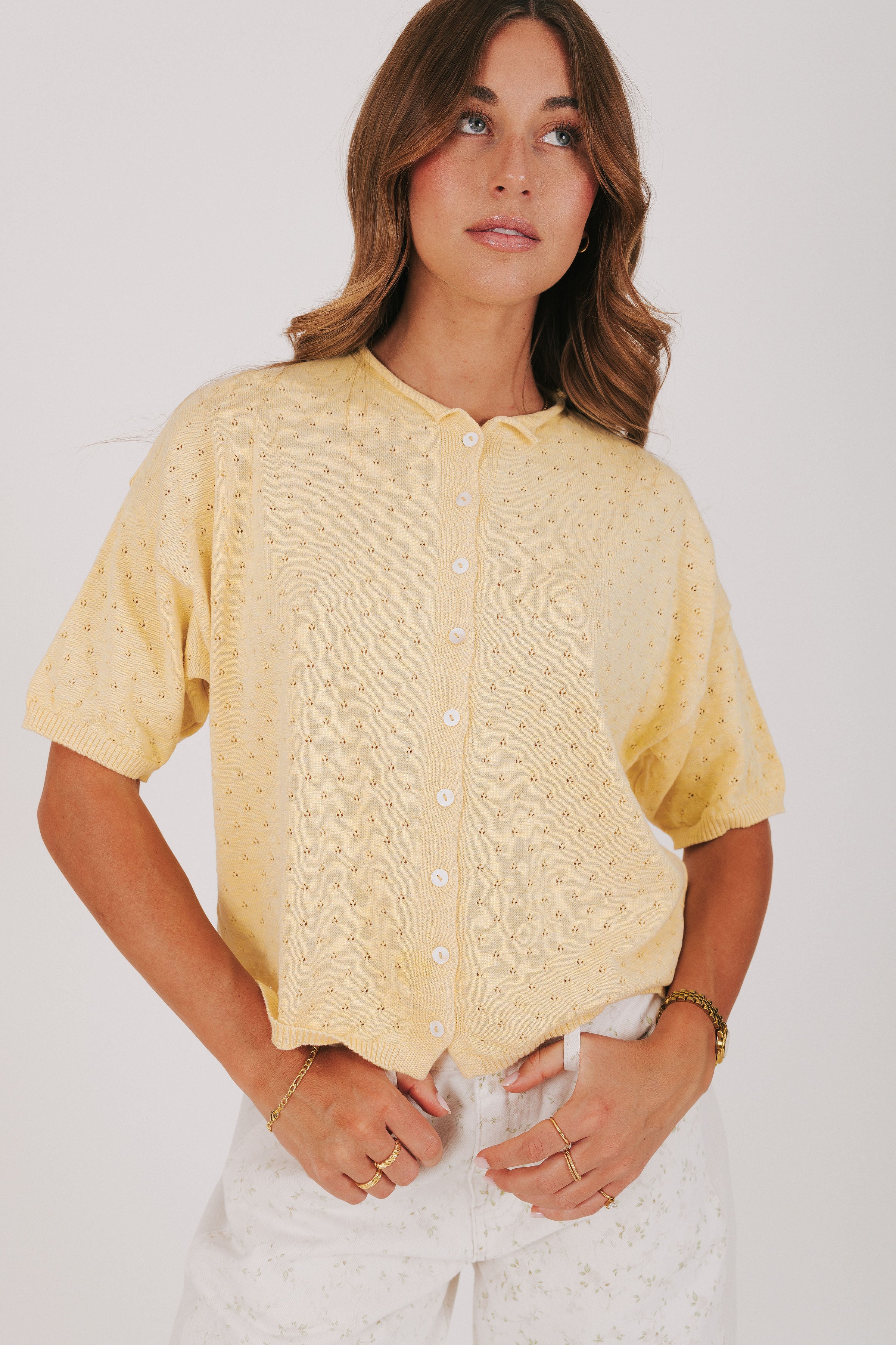 yellow pointelle buttoned top