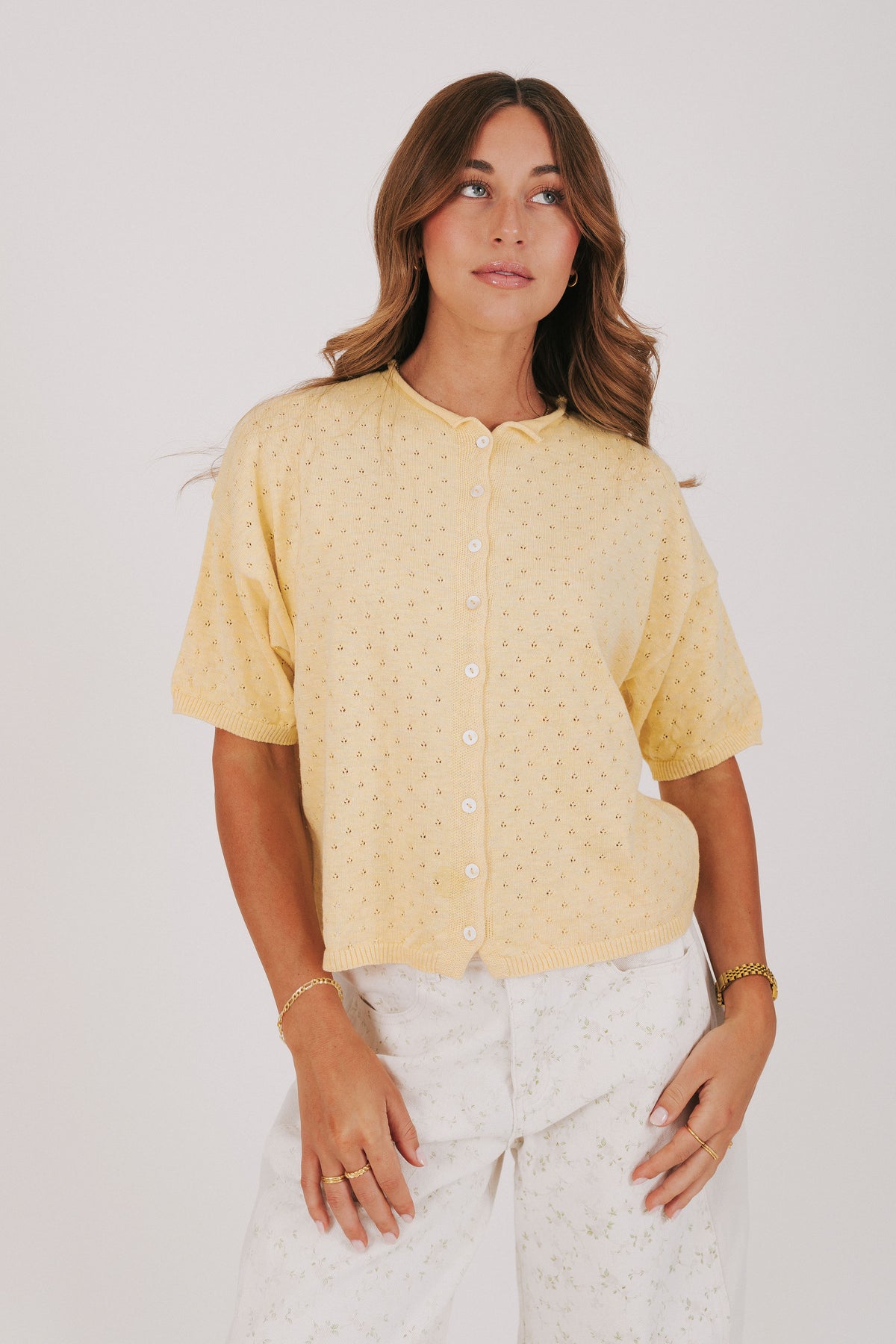 yellow pointelle buttoned top