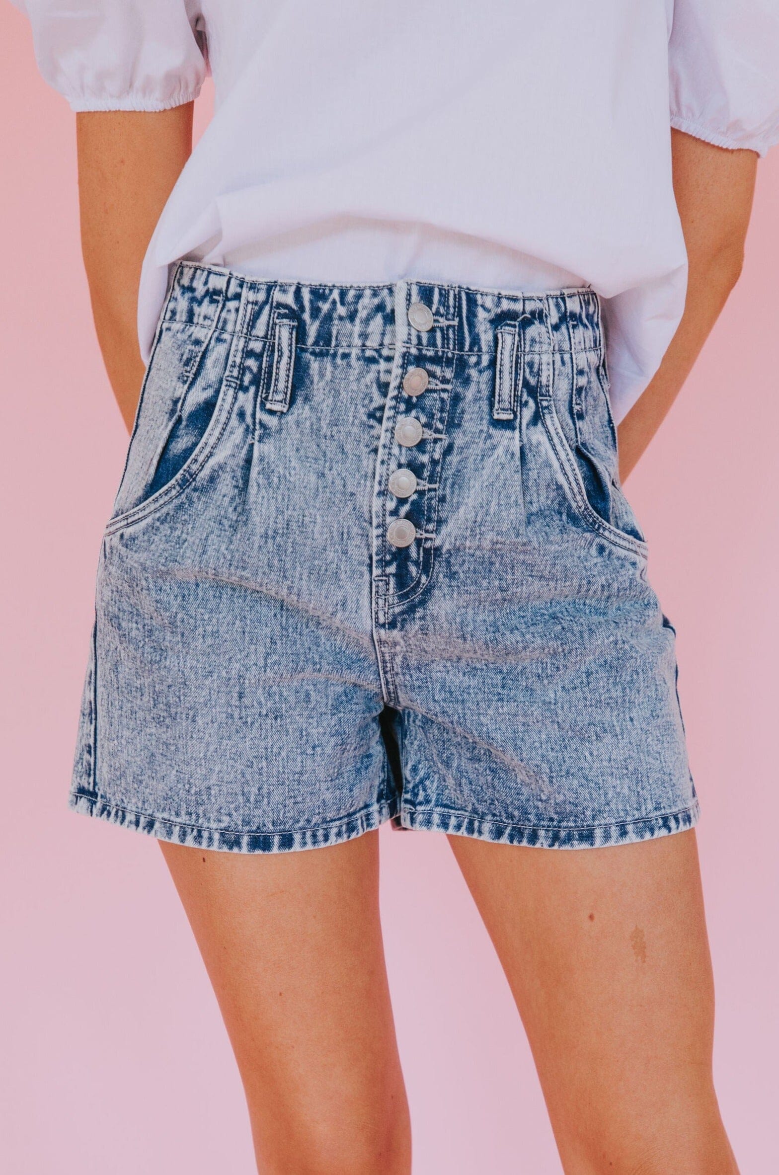 Acid washed, high waisted  short shorts, button fly