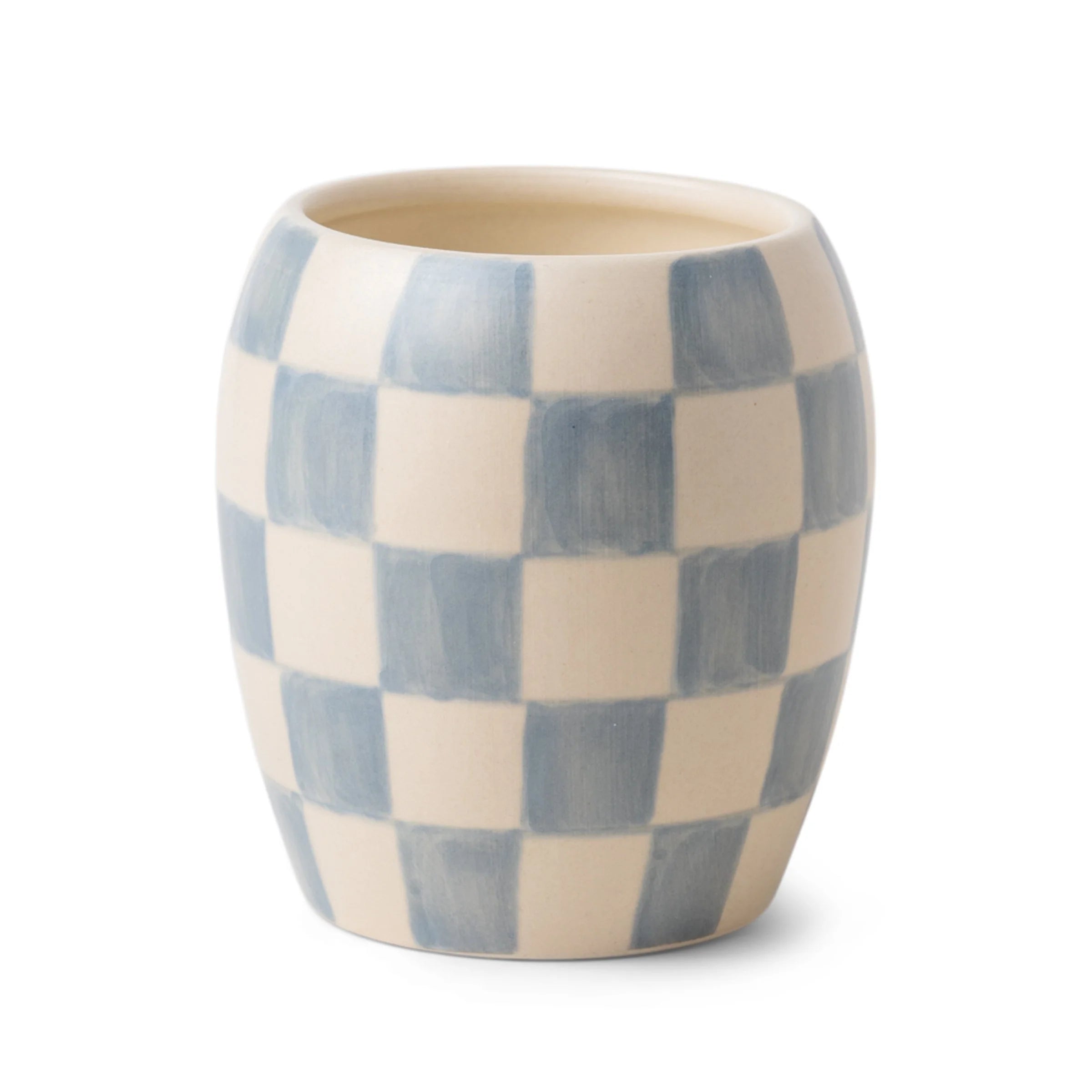 blue and white checkered candle jar